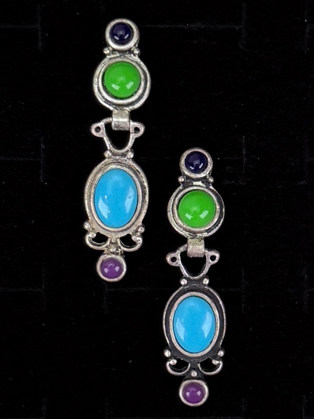 Vintage Silver Tone Colorful Cabochon Dangle Earrings Pierced Boho